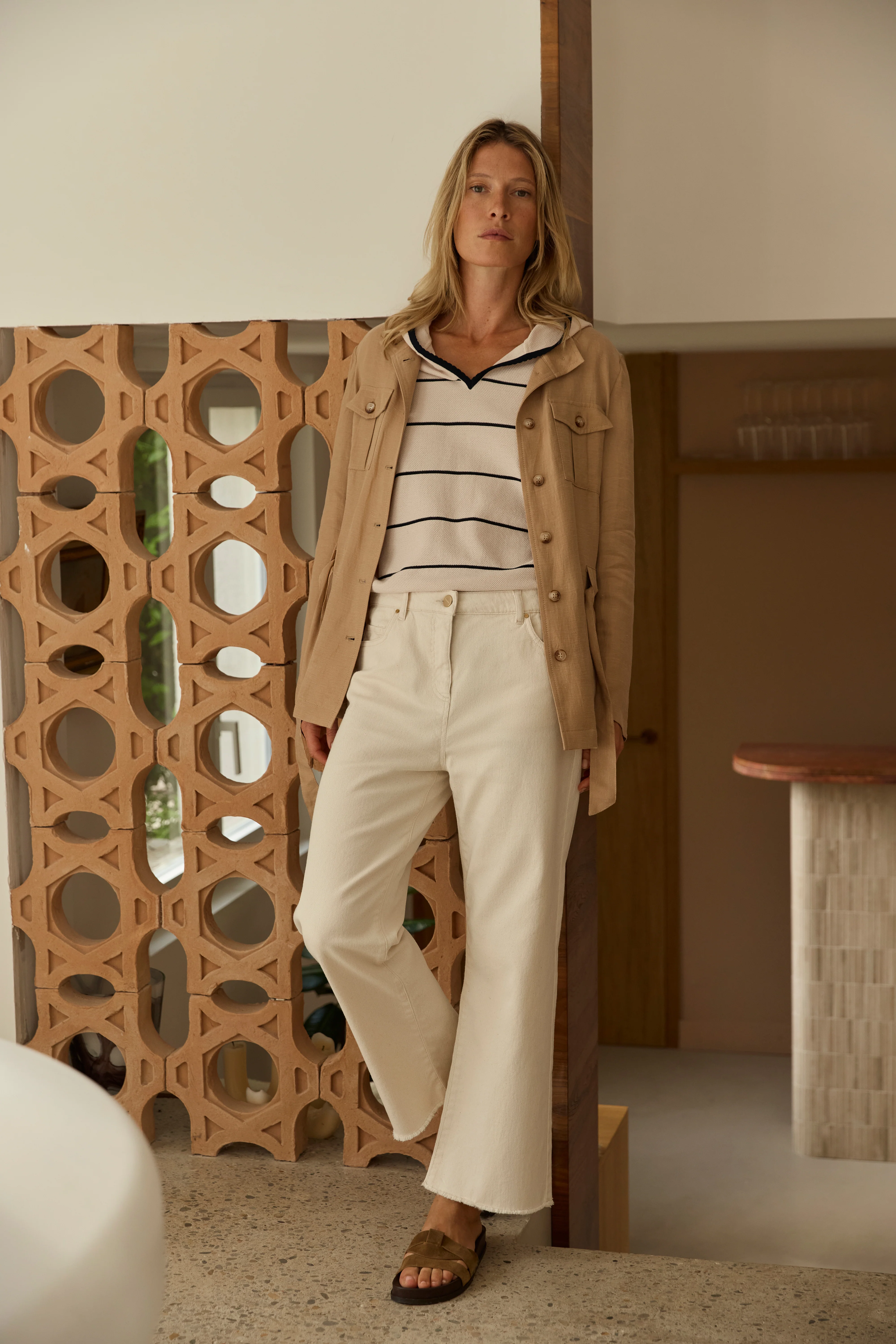 Pull à capuche beige à rayures en maille ALPHA-BIS/13236/781