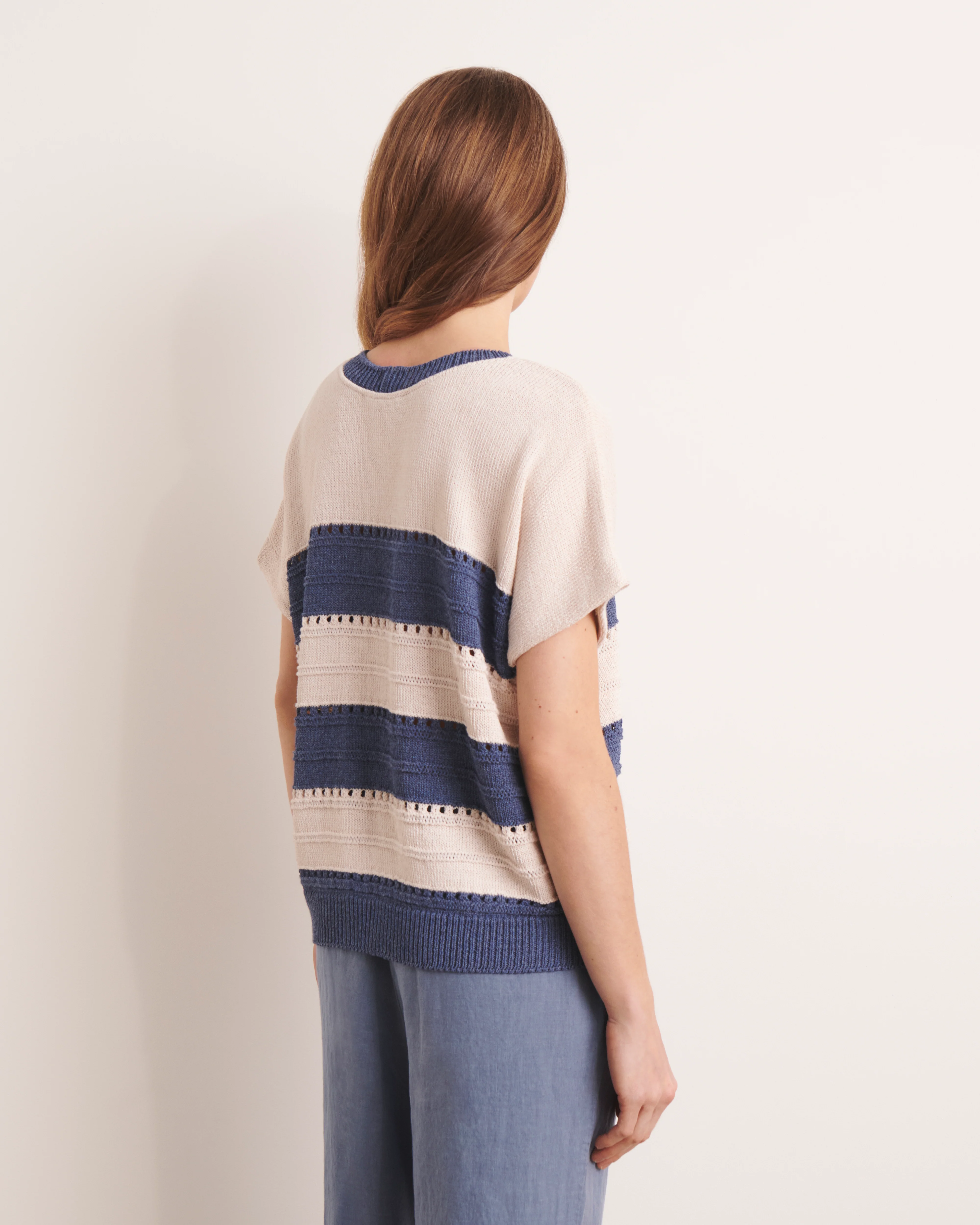 Pull beige et bleu en maille oversize à rayures ADELY/13015/881 - Image 3
