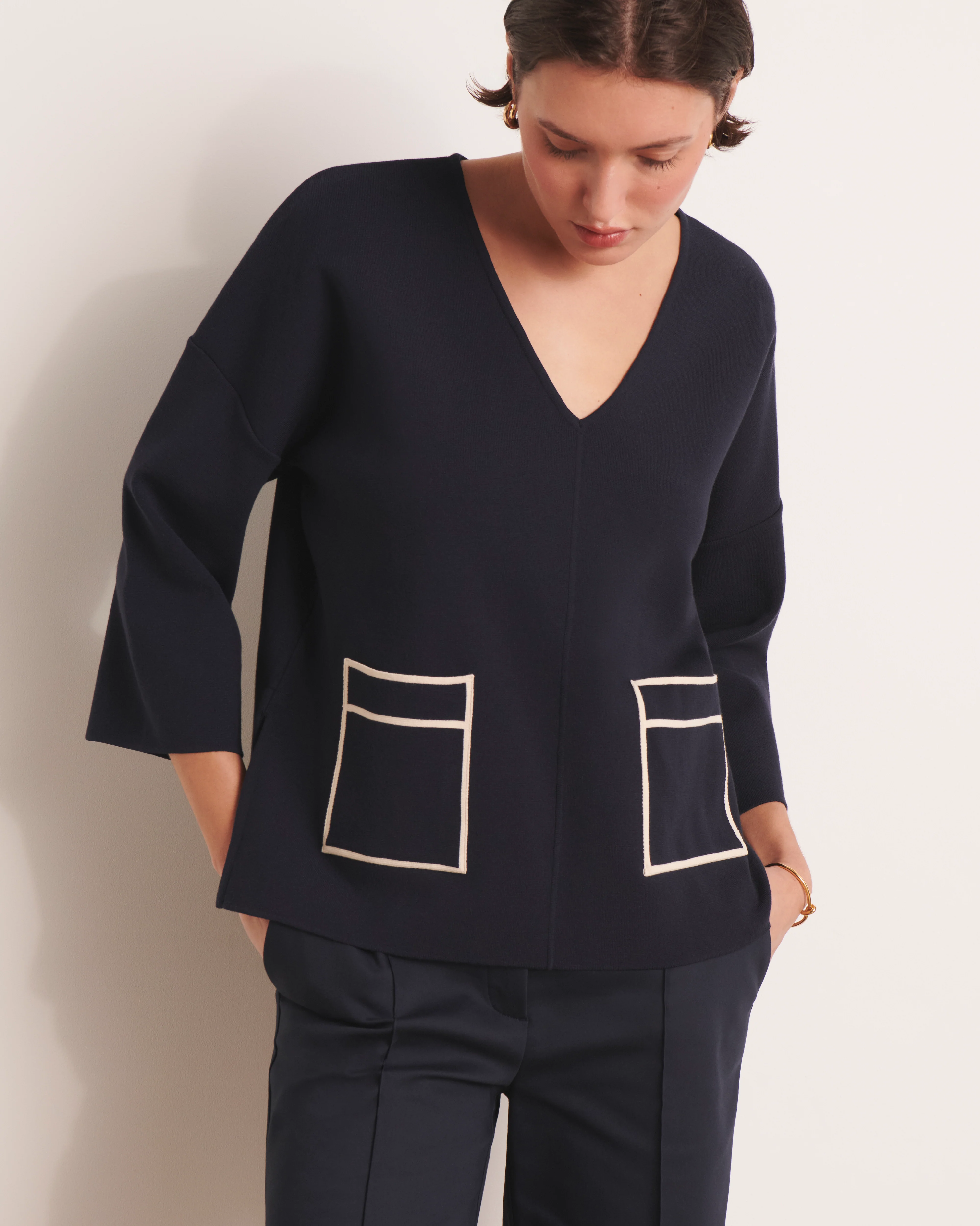 Pull bleu marine encolure V en maille milano ALEXINE13/13066/313 - Image 3